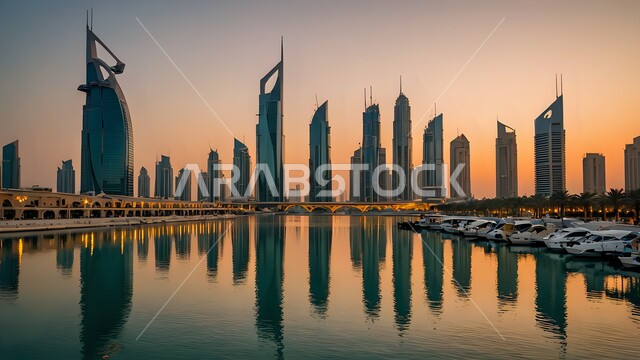 النمو والتطور العمراني في الامارات العربية المتحدة, وجهات جذب واستقطاب السياح, انعكاس المنشآت والمباتي التجارية على مياه البحر عند غروب الشمس، الواجهة البحرية الساحلية في مدينة دبي, الفن الهندسي المعماري في بناء الأبراج وناطحات السحاب