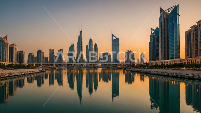 Reflection of commercial facilities and buildings on sea water at sunset, coastal waterfront in the city of Dubai, architectural engineering art in building towers and skyscrapers, urban growth and development in the United Arab Emirates, tourist attractions and attractions