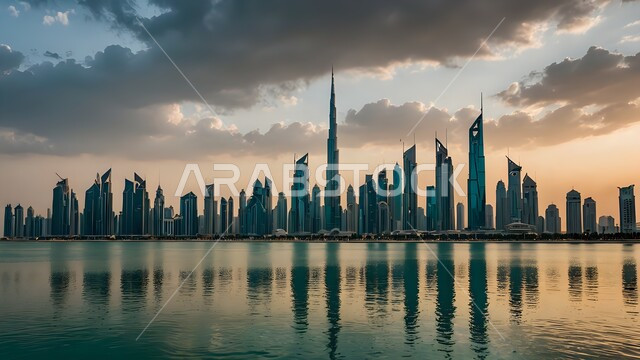 The coastal waterfront in the city of Dubai, architectural engineering art in building towers and skyscrapers, urban growth and development in the United Arab Emirates, tourist attractions and attractions, view of the sky full of clouds at sunset, reflection of commercial facilities and buildings on sea water