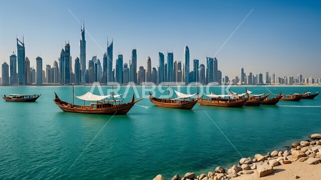 أخذ السياح جولة في مياه الخليج, التعرف على معالم المدينة واستكشافها, النمو والتطور العمراني للأبراج وناطحات السحاب في الإمارات العربية المتحدة، الواجهة البحرية السياحية في مدينة دبي، قوارب خشبية تقليدية تطفو في المرفأ، وسائل النقل عبر البحر