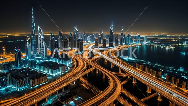 شبكة الطرق والشوارع المعبدة المضيئة ليلاً، معالم واماكن سياحية مشهورة، التقدم في هندسة الجسور الإنشائية، مفهوم تطوير وتحسين البنية التحتية، الفن الهندسي المعماري للأبراج وناطحات السحاب، برج خليفةالشهير, الواجهة السياحية في الامارات العربية المتحدة