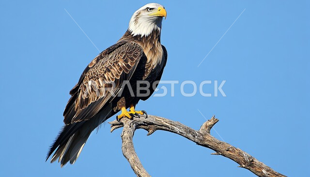 طائر النسر الأصلع يقف على غصن شجرة, مفهوم تنوع الثروة الحيوانية في المملكة العربية السعودية, الاهتمام بالحيوانات البرية, رمز حدة البصر والقوة, تربية الطيور الجارحة والمفترسة في المحميات الطبيعية