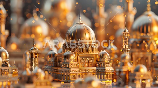 Spiritual Ramadan atmosphere, celebrating religious holidays and occasions, a three-dimensional model of golden mosques with modern-style decorations, worship and getting closer to God in the holy month of Ramadan, religious decorations and designs, sacred Islamic landmarks