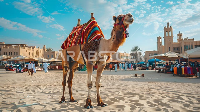 جمل يقف على الرمال في سوق واقف الشعبي في النهار، اماكن ومناطق سياحية ترفيهية مشهورة في دولة قطر، أسواق بيع الجمال والإبل العربية، توارث حب النوق من الأجداد، مفهوم الأصالة والعراقة، الاهتمام بتربية المواشي والثدييات