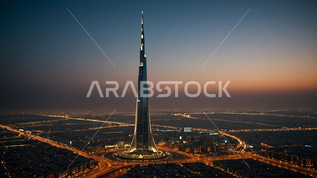 Urban growth and development of towers and skyscrapers, modern architectural art of buildings and facilities in the United Arab Emirates, famous landmarks and tourist places, attracting and attracting tourists from all over the world, the famous Burj Khalifa in Dubai at sunset