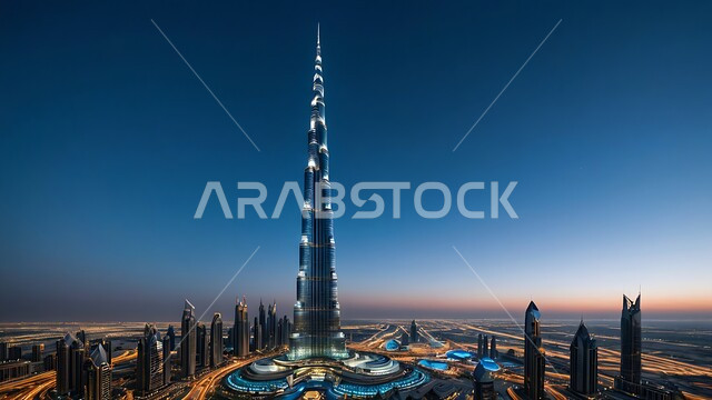 Urban growth and development of towers and skyscrapers, modern architectural art of buildings and facilities in the United Arab Emirates, famous landmarks and tourist places, attracting and attracting tourists from all over the world, the famous Burj Khalifa in Dubai at sunset