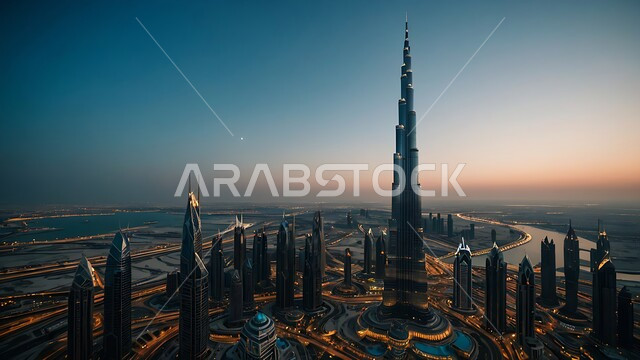 النمو والتطور العمراني للأبراج وناطحات السحاب، الفن الهندسي المعماري الحديث للمباني والمنشآت في الإمارات العربية المتحدة، المعالم والأماكن السياحية المشهورة , جذب واستقطاب السياح من انحاء العالم، برج خليفة الشهير في مدينة دبي عند الغروب