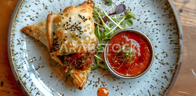 فطائر مقلية متنوعة الحشوات، أطباق رئيسية في سفرة إفطار شهر رمضان المبارك، وصفات المأكولات والأطعمة العربية الشرقية السعودية اللذيذة، طبق من قطعة السمبوسك المقرمشة مع الخضراوت والصلصات، مقبلات رمضانية شهية