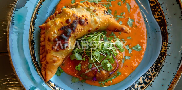 فطائر مقلية متنوعة الحشوات، أطباق رئيسية في سفرة إفطار شهر رمضان المبارك، وصفات المأكولات والأطعمة العربية الشرقية السعودية اللذيذة، طبق من قطعة السمبوسك المقرمشة مع الخضراوت والصلصات، مقبلات رمضانية شهية