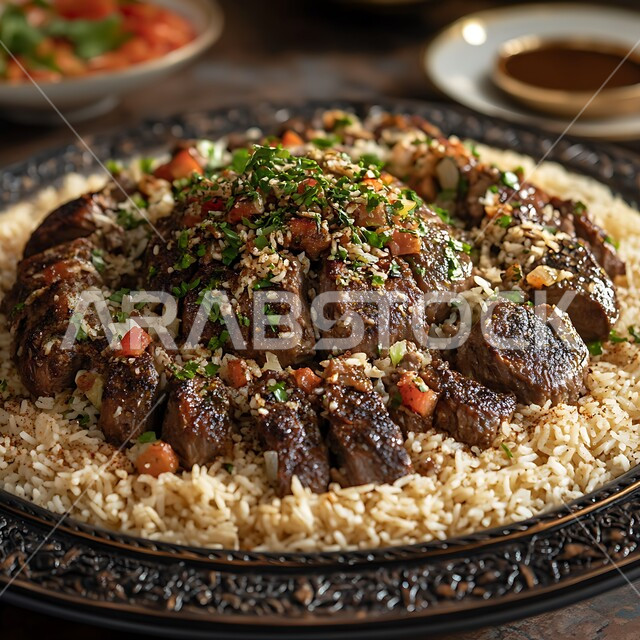 مطابخ ومطاعم المملكة العربية السعودية، أطباق عربية تقليدية شعبية، طبق من أرز المندي مع قطع من الللحم المزين بالمكسرات و البقدونس، وصفات الطعام الشهية، المأكولات والوجبات الشرقية