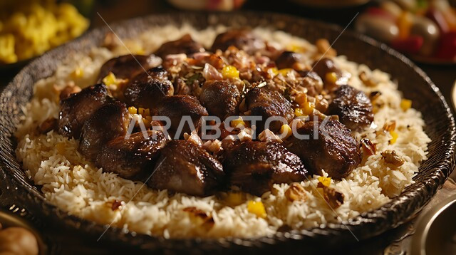مطابخ ومطاعم المملكة العربية السعودية، أطباق عربية تقليدية شعبية، طبق من أرز المندي مع قطع من الللحم المزين بالمكسرات و البقدونس، وصفات الطعام الشهية، المأكولات والوجبات الشرقية