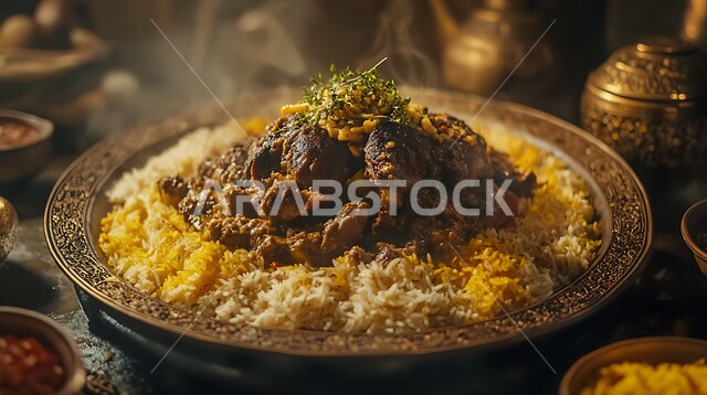 مطابخ ومطاعم المملكة العربية السعودية، أطباق عربية تقليدية شعبية، طبق من أرز المندي مع قطع من الللحم المزين بالمكسرات و البقدونس، وصفات الطعام الشهية، المأكولات والوجبات الشرقية