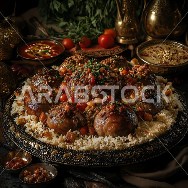 طبق من أرز المندي مع قطع من الللحم المزين بالمكسرات و البقدونس، وصفات الطعام الشهية، المأكولات والوجبات الشرقية، مطابخ ومطاعم المملكة العربية السعودية، أطباق عربية تقليدية شعبية
