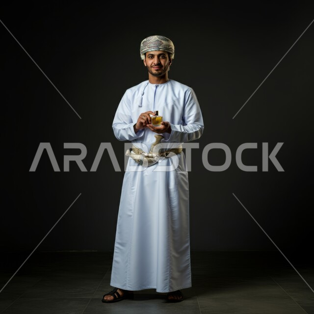 Use of natural essential oils, Arabian Gulf perfumes, the concept of elegance and interest in external appearance, portrait of an Arabian Gulf Omani man wearing a dishdasha and turban holding a bottle of perfume in his hand, marketing for perfume products, full-length body, black background