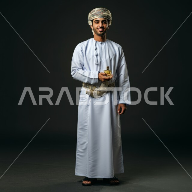 Use of natural essential oils, Arabian Gulf perfumes, the concept of elegance and interest in external appearance, portrait of an Arabian Gulf Omani man wearing a dishdasha and turban holding a bottle of perfume in his hand, marketing for perfume products, full-length body, black background