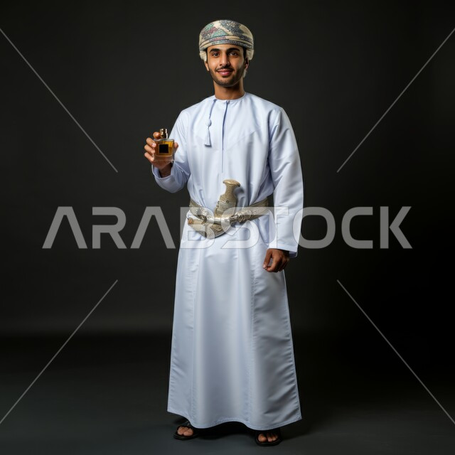 Use of natural essential oils, Arabian Gulf perfumes, the concept of elegance and interest in external appearance, portrait of an Arabian Gulf Omani man wearing a dishdasha and turban holding a bottle of perfume in his hand, marketing for perfume products, full-length body, black background
