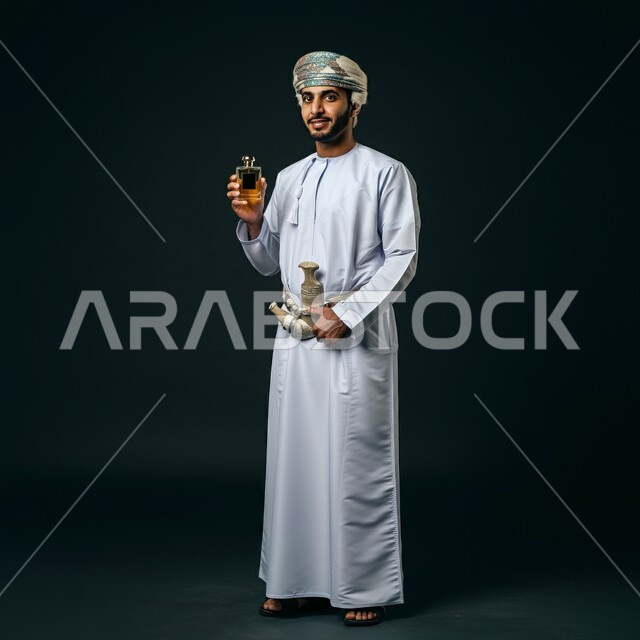 Use of natural essential oils, Arabian Gulf perfumes, the concept of elegance and interest in external appearance, portrait of an Arabian Gulf Omani man wearing a dishdasha and turban holding a bottle of perfume in his hand, marketing for perfume products, full-length body, black background