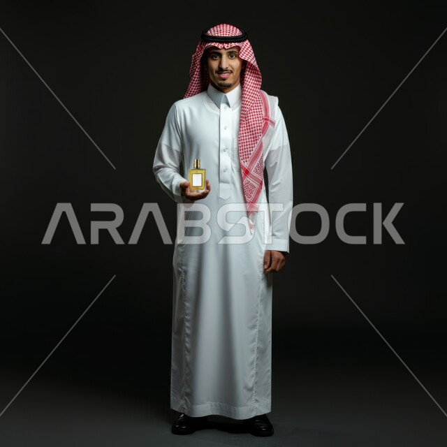 عطورات عربيه خليجيه, استخدام الزيوت العطرية الطبيعية, مفهوم الاناقة والاهتمام بالمظهر الخارجي, بورتريه  لرجل عربي خليجي سعودي يرتدي الثوب التقليدي والشماغ يمسك بيده زجاجة العطر , التسويق لمنتجات العطور, الجسم بالطول الكامل، خلفيه سوداء