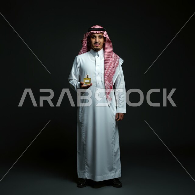 عطورات عربيه خليجيه, استخدام الزيوت العطرية الطبيعية, مفهوم الاناقة والاهتمام بالمظهر الخارجي, بورتريه  لرجل عربي خليجي سعودي يرتدي الثوب التقليدي والشماغ يمسك بيده زجاجة العطر , التسويق لمنتجات العطور, الجسم بالطول الكامل، خلفيه سوداء