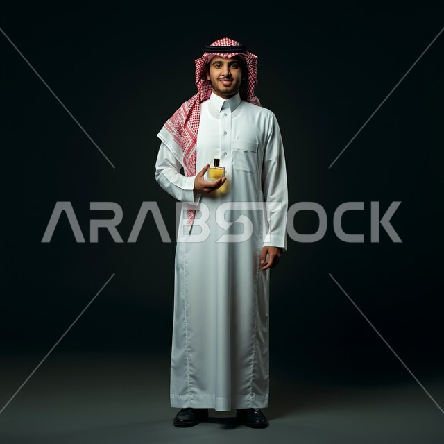 عطورات عربيه خليجيه, استخدام الزيوت العطرية الطبيعية, مفهوم الاناقة والاهتمام بالمظهر الخارجي, بورتريه  لرجل عربي خليجي سعودي يرتدي الثوب التقليدي والشماغ يمسك بيده زجاجة العطر , التسويق لمنتجات العطور, الجسم بالطول الكامل، خلفيه سوداء