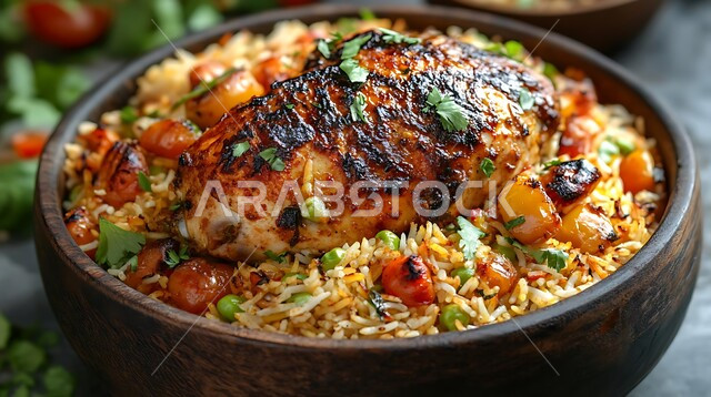  طبق من أرز البرياني المطهي على مائدة العشاء ,صحن من الكبسة مع الخضراوات والتوابل، وصفات الطعام الصحية الشهية، فنون تقديم الأطعمة الشرقية اللذيذة في مطاعم المملكة العربية السعودية، مأكولات وأطباق عربية تقليدية