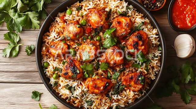  طبق من أرز البرياني المطهي على مائدة العشاء ,صحن من الكبسة مع الخضراوات والتوابل، وصفات الطعام الصحية الشهية، فنون تقديم الأطعمة الشرقية اللذيذة في مطاعم المملكة العربية السعودية، مأكولات وأطباق عربية تقليدية