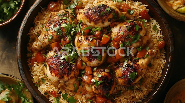  طبق من أرز البرياني المطهي على مائدة العشاء ,صحن من الكبسة مع الخضراوات والتوابل، وصفات الطعام الصحية الشهية، فنون تقديم الأطعمة الشرقية اللذيذة في مطاعم المملكة العربية السعودية، مأكولات وأطباق عربية تقليدية