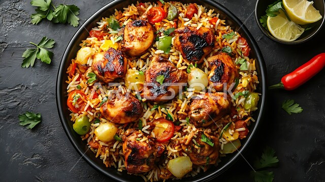  طبق من أرز البرياني المطهي على مائدة العشاء ,صحن من الكبسة مع الخضراوات والتوابل، وصفات الطعام الصحية الشهية، فنون تقديم الأطعمة الشرقية اللذيذة في مطاعم المملكة العربية السعودية، مأكولات وأطباق عربية تقليدية