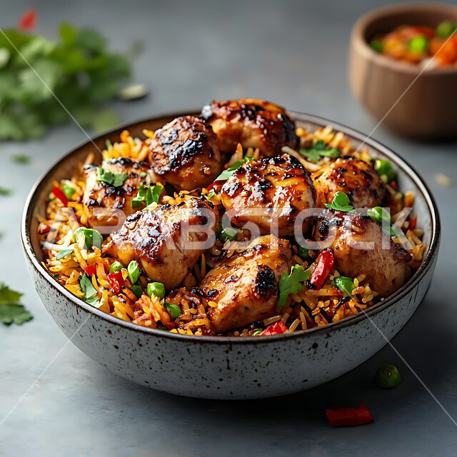  طبق من أرز البرياني المطهي على مائدة العشاء ,صحن من الكبسة مع الخضراوات والتوابل، وصفات الطعام الصحية الشهية، فنون تقديم الأطعمة الشرقية اللذيذة في مطاعم المملكة العربية السعودية، مأكولات وأطباق عربية تقليدية