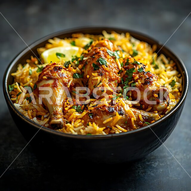  طبق من أرز البرياني المطهي على مائدة العشاء ,صحن من الكبسة مع الخضراوات والتوابل، وصفات الطعام الصحية الشهية، فنون تقديم الأطعمة الشرقية اللذيذة في مطاعم المملكة العربية السعودية، مأكولات وأطباق عربية تقليدية