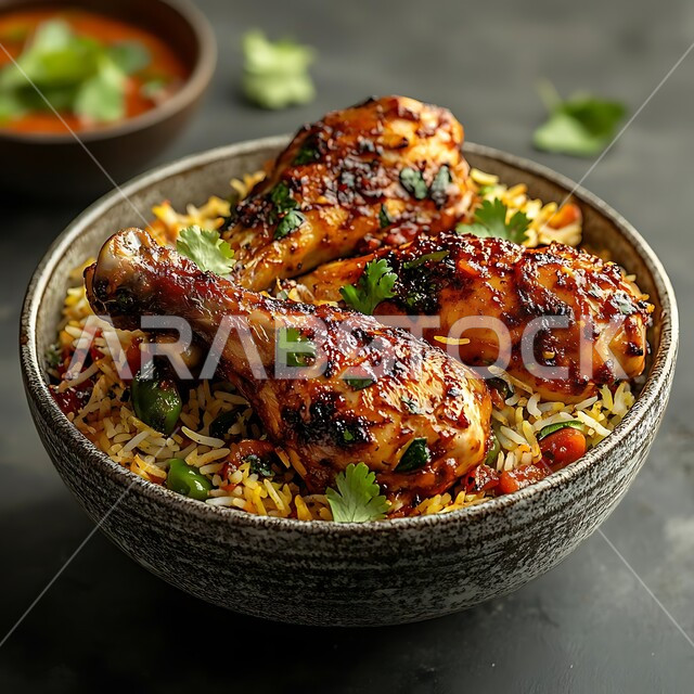  طبق من أرز البرياني المطهي على مائدة العشاء ,صحن من الكبسة مع الخضراوات والتوابل، وصفات الطعام الصحية الشهية، فنون تقديم الأطعمة الشرقية اللذيذة في مطاعم المملكة العربية السعودية، مأكولات وأطباق عربية تقليدية