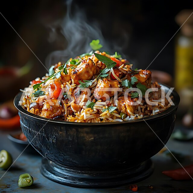  طبق من أرز البرياني المطهي على مائدة العشاء ,صحن من الكبسة مع الخضراوات والتوابل، وصفات الطعام الصحية الشهية، فنون تقديم الأطعمة الشرقية اللذيذة في مطاعم المملكة العربية السعودية، مأكولات وأطباق عربية تقليدية