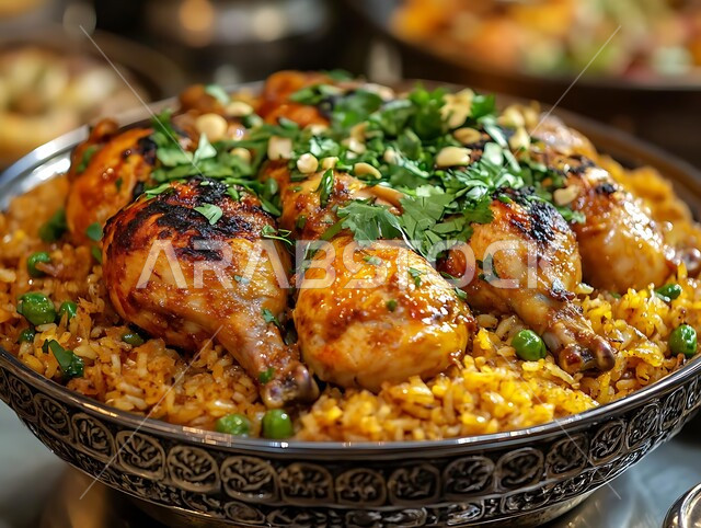  طبق من أرز البرياني المطهي على مائدة العشاء ,صحن من الكبسة مع الخضراوات والتوابل، وصفات الطعام الصحية الشهية، فنون تقديم الأطعمة الشرقية اللذيذة في مطاعم المملكة العربية السعودية، مأكولات وأطباق عربية تقليدية