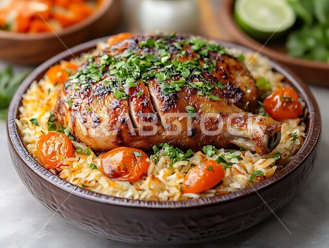  طبق من أرز البرياني المطهي على مائدة العشاء ,صحن من الكبسة مع الخضراوات والتوابل، وصفات الطعام الصحية الشهية، فنون تقديم الأطعمة الشرقية اللذيذة في مطاعم المملكة العربية السعودية، مأكولات وأطباق عربية تقليدية