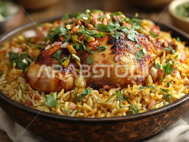  طبق من أرز البرياني المطهي على مائدة العشاء ,صحن من الكبسة مع الخضراوات والتوابل، وصفات الطعام الصحية الشهية، فنون تقديم الأطعمة الشرقية اللذيذة في مطاعم المملكة العربية السعودية، مأكولات وأطباق عربية تقليدية