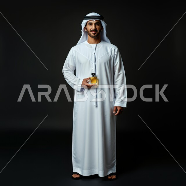 التسويق لمنتجات العطور, عطورات عربيه خليجيه, استخدام الزيوت العطرية الطبيعية, مفهوم الاناقة والاهتمام بالمظهر الخارجي, بورتريه لرجل عربي خليجي اماراتي يرتدي الكندرة والغترة البيضاء يمسك بيده زجاجة العطر , الجسم بالطول الكامل، خلفيه سوداء