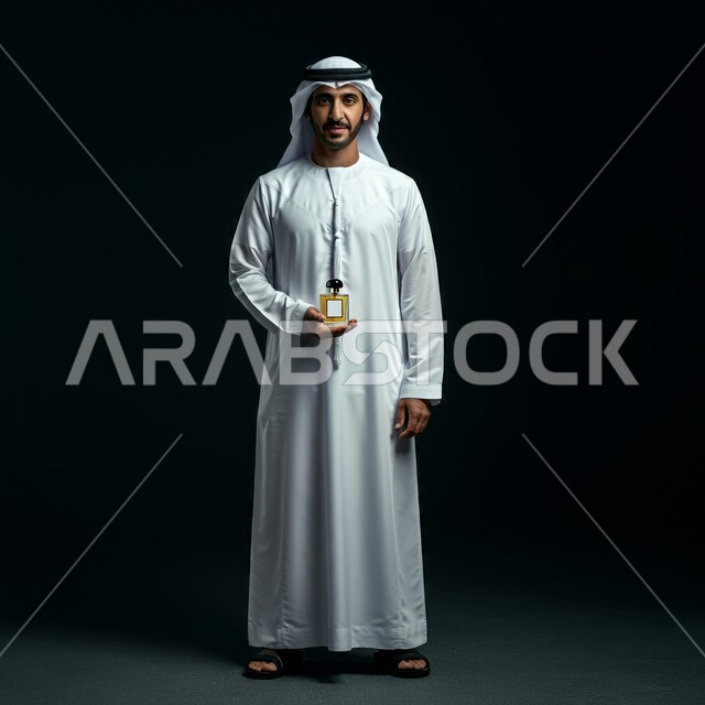 التسويق لمنتجات العطور, عطورات عربيه خليجيه, استخدام الزيوت العطرية الطبيعية, مفهوم الاناقة والاهتمام بالمظهر الخارجي, بورتريه لرجل عربي خليجي اماراتي يرتدي الكندرة والغترة البيضاء يمسك بيده زجاجة العطر , الجسم بالطول الكامل، خلفيه سوداء