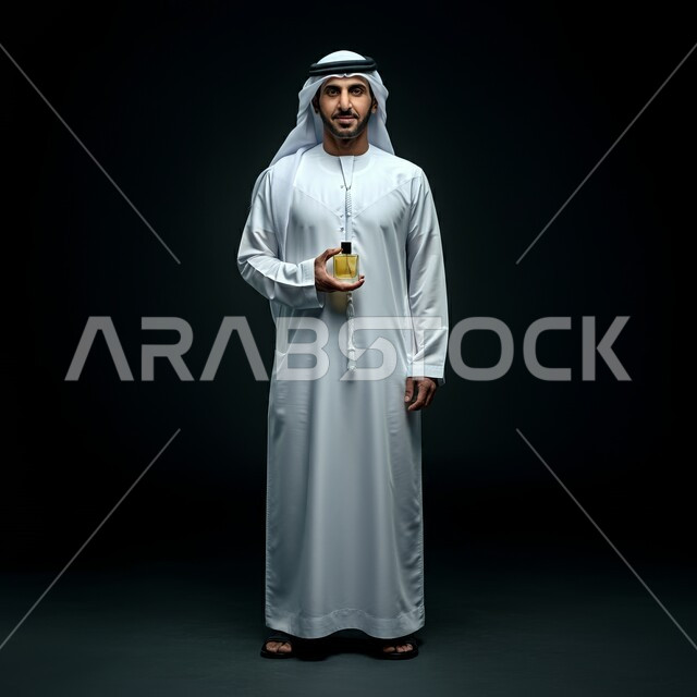 التسويق لمنتجات العطور, عطورات عربيه خليجيه, استخدام الزيوت العطرية الطبيعية, مفهوم الاناقة والاهتمام بالمظهر الخارجي, بورتريه لرجل عربي خليجي اماراتي يرتدي الكندرة والغترة البيضاء يمسك بيده زجاجة العطر , الجسم بالطول الكامل، خلفيه سوداء