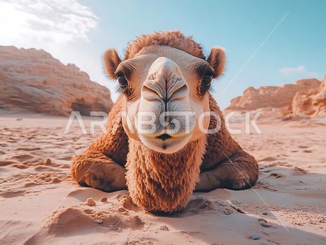 المحميات الطبيعية لرعي الجمال، الاهتمام بتربية الجمال والابل في دول الخليج العربي، ارتباط حيوان الجمل بالعراقة والأصالة، رعاية المواشي والثدييات في المملكة العربية السعودية، صورة مقربة لوجه ناقة شقراء أصيلة