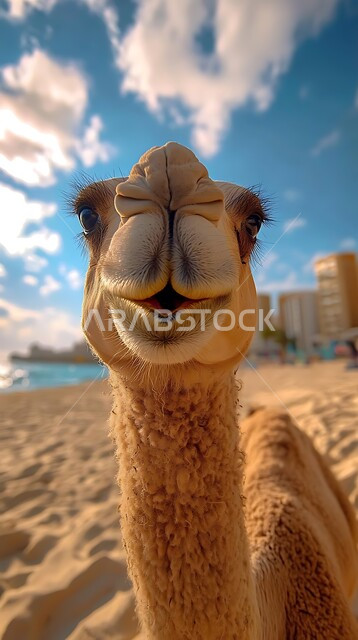 المحميات الطبيعية لرعي الجمال، الاهتمام بتربية الجمال والابل في دول الخليج العربي، ارتباط حيوان الجمل بالعراقة والأصالة، رعاية المواشي والثدييات في المملكة العربية السعودية، صورة مقربة لوجه ناقة شقراء أصيلة