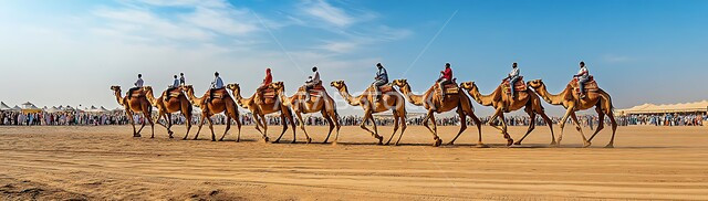 الاهتمام بتربية الابل في الخليج، رعاية المواشي في المحميات الطبيعيه, صورة بانورامية لقافلة من حيوان الجمل تسيرفي المناطق الصحراوية في المملكة العربية السعودية، استخدام الحيوانات للتنقل والترحال من مكان الى اخر في البادية، الحياة البدوية الشعبية التقليدية