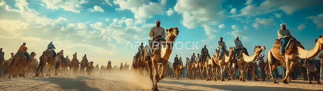 الاهتمام بتربية الابل في الخليج، رعاية المواشي في المحميات الطبيعيه, صورة بانورامية لقافلة من حيوان الجمل تسيرفي المناطق الصحراوية في المملكة العربية السعودية، استخدام الحيوانات للتنقل والترحال من مكان الى اخر في البادية، الحياة البدوية الشعبية التقليدية