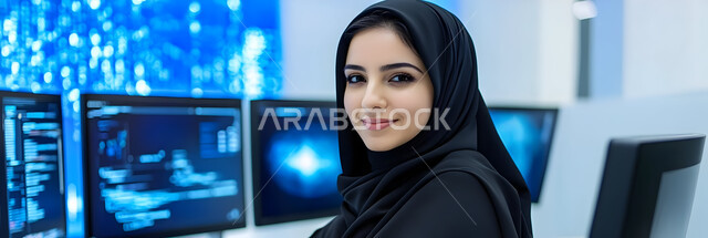 العمل في تطوير الأنظمة والشبكات البرمجية, احتراف وظائف الحاسوب وتكنولوجيا المعلومات، صورة مقربة لشابة عربية خليجي سعودية مبتسمة محجبة ترتدي العباءة السوداء تجلس داخل المكتب وتنظر إلى الكاميرا بإيماءات السعادة والسرور