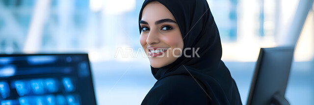 احتراف وظائف الحاسوب وتكنولوجيا المعلومات, العمل في تطوير الأنظمة والشبكات البرمجية، صورة مقربة لشابة عربية خليجي سعودية مبتسمة محجبة ترتدي العباءة السوداء تجلس داخل المكتب وتنظر إلى الكاميرا بإيماءات السعادة والسرور