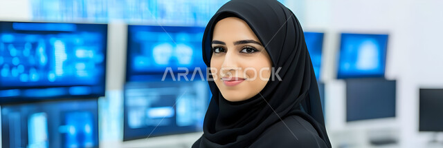 العمل في تطوير الأنظمة والشبكات البرمجية, احتراف وظائف الحاسوب وتكنولوجيا المعلومات، صورة مقربة لشابة عربية خليجي سعودية مبتسمة محجبة ترتدي العباءة السوداء تجلس داخل المكتب وتنظر إلى الكاميرا بإيماءات السعادة والسرور