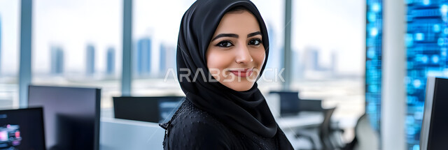 احتراف وظائف الحاسوب وتكنولوجيا المعلومات, العمل في تطوير الأنظمة والشبكات البرمجية، صورة مقربة لشابة عربية خليجي سعودية مبتسمة محجبة ترتدي العباءة السوداء تجلس داخل المكتب وتنظر إلى الكاميرا بإيماءات السعادة والسرور