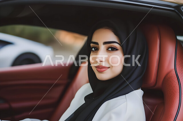 Mastering driving on main roads, the concept of independence and self-reliance, commitment to public safety and security rules, a close-up of a smiling, veiled, Saudi Arabian Gulf young woman wearing casual clothes sitting inside the car and looking at the camera with gestures of happiness and pleasure