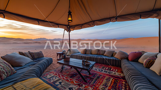 خيمة بدوية شعبية مضيئة وسط الصحراء، التضاريس والرمال الذهبية الناعمة، مخيمات سياحية في المناطق البرية، كشتة و جلسة بر شبابية, التخييم في صحاري المملكة العربية السعودية, الأجواء الشتوية الهادئة