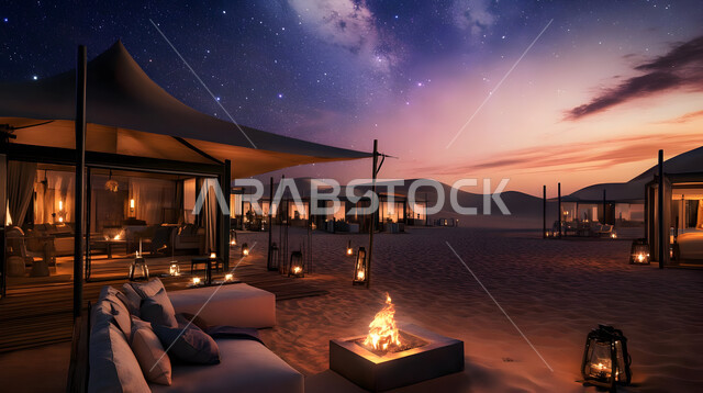 الأجواء الشتوية الهادئة, خيمة بدوية شعبية مضيئة وسط الصحراء، التضاريس والرمال الذهبية الناعمة، مخيمات سياحية في المناطق البرية، كشتة و جلسة بر شبابية, التخييم في صحاري المملكة العربية السعودية