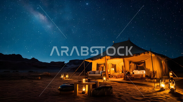A popular Bedouin tent illuminated in the middle of the desert, soft golden terrain and sand, tourist camps in the wilderness, a youth camp and desert session, camping in the deserts of the Kingdom of Saudi Arabia, a calm winter atmosphere